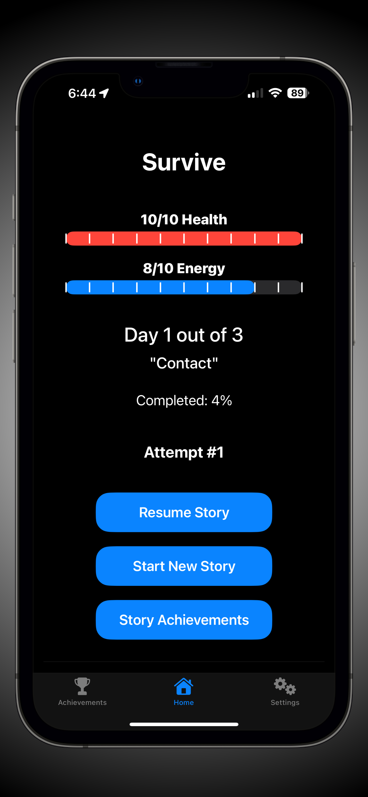Survive story home showing health, energy, progress, and replay controls