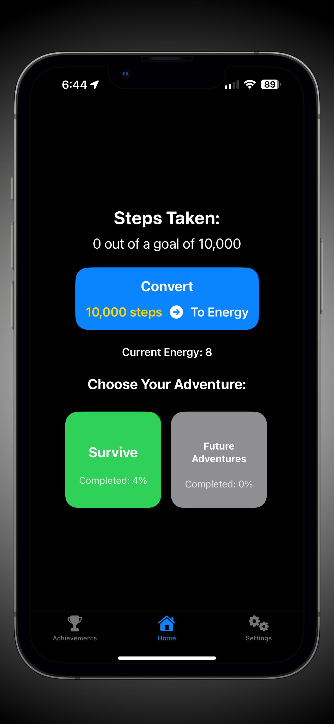 Step By Step home screen showing step conversion, current energy, and available stories